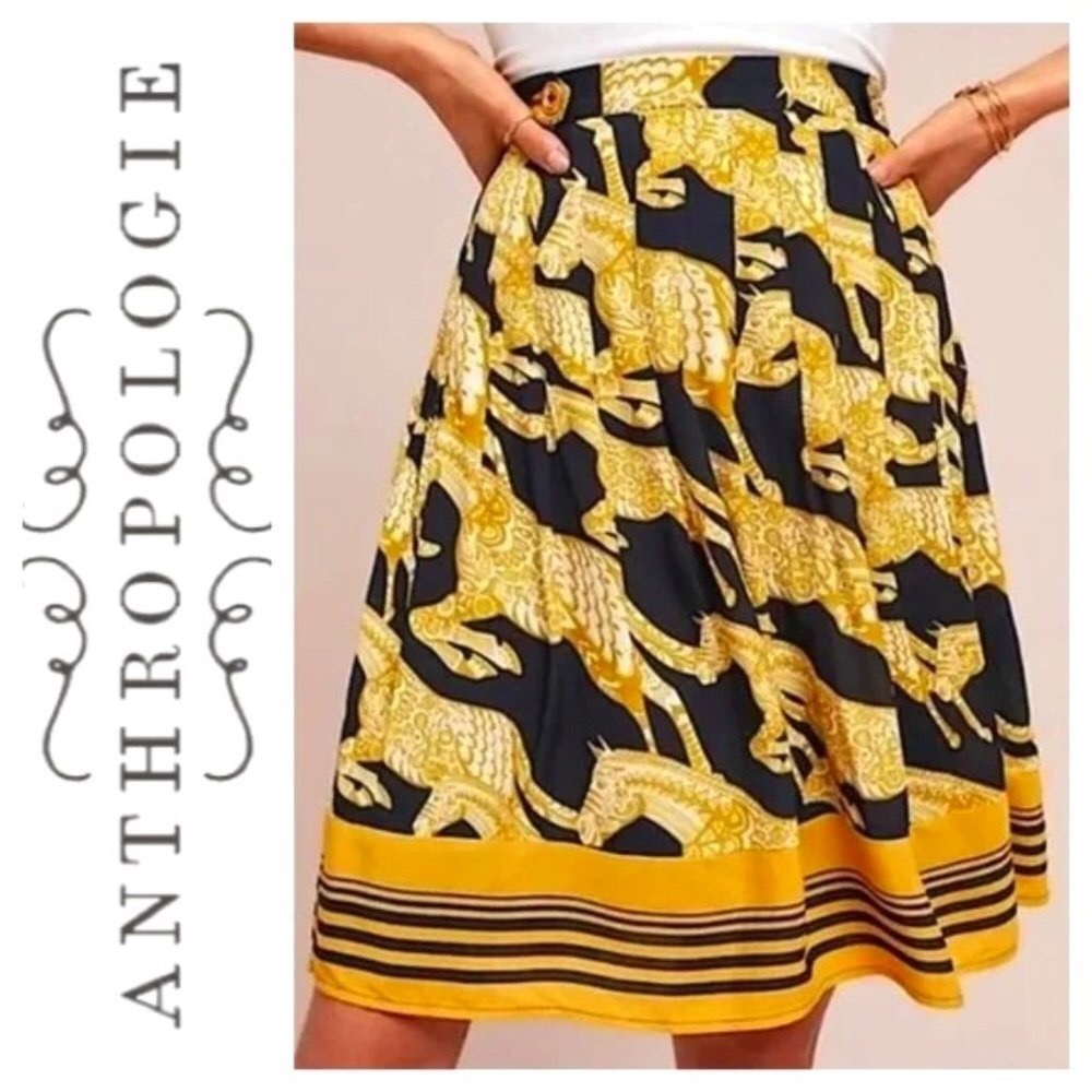 Sz 6 Anthropologie Navy/Gold Maeve Jade Horse Skirt